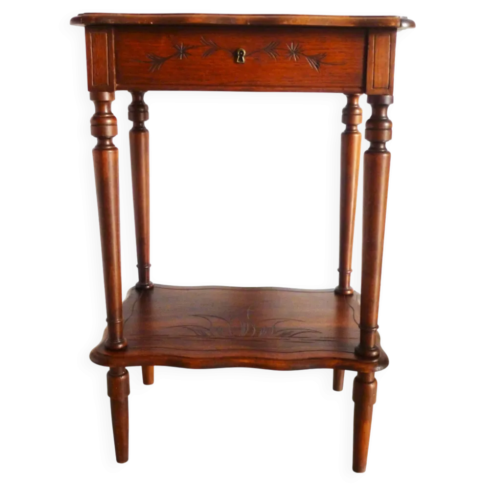 Meuble coiffeuse en bois vintage des années 1920 avec miroir et rangement.