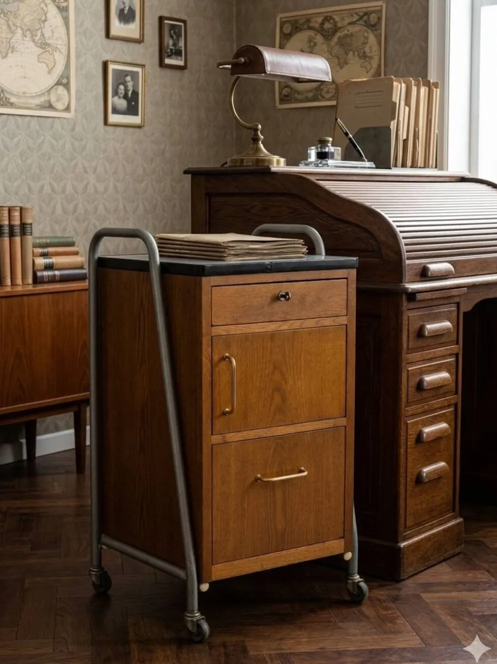 Meuble de bureau médical ETS Hordoir en chêne des années 60