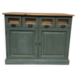Meuble de comptoir ancien à tiroirs porte-étiquettes – patine vert-de-