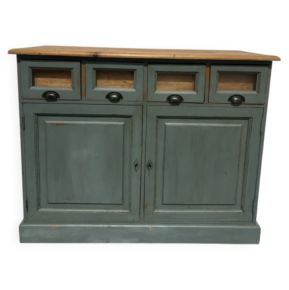 Meuble de comptoir ancien à tiroirs porte-étiquettes – patine vert-de-