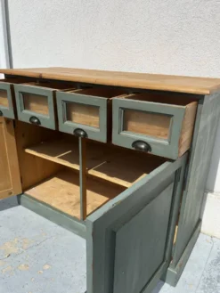 Meuble de comptoir ancien à tiroirs porte-étiquettes – patine vert-de-