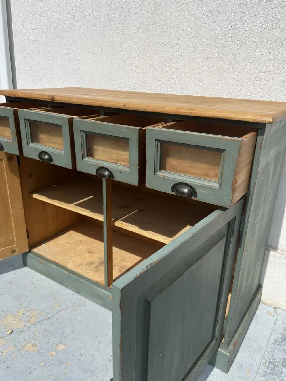 Meuble de comptoir ancien à tiroirs porte-étiquettes – patine vert-de-