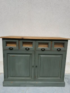 Meuble de comptoir ancien à tiroirs porte-étiquettes – patine vert-de-