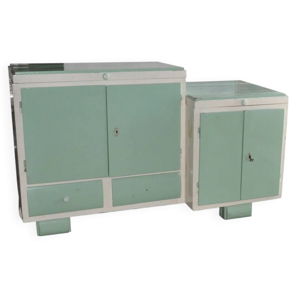Meuble de lavabo Art Déco bois vert et blanc avec plateau verre, rangement années 1930