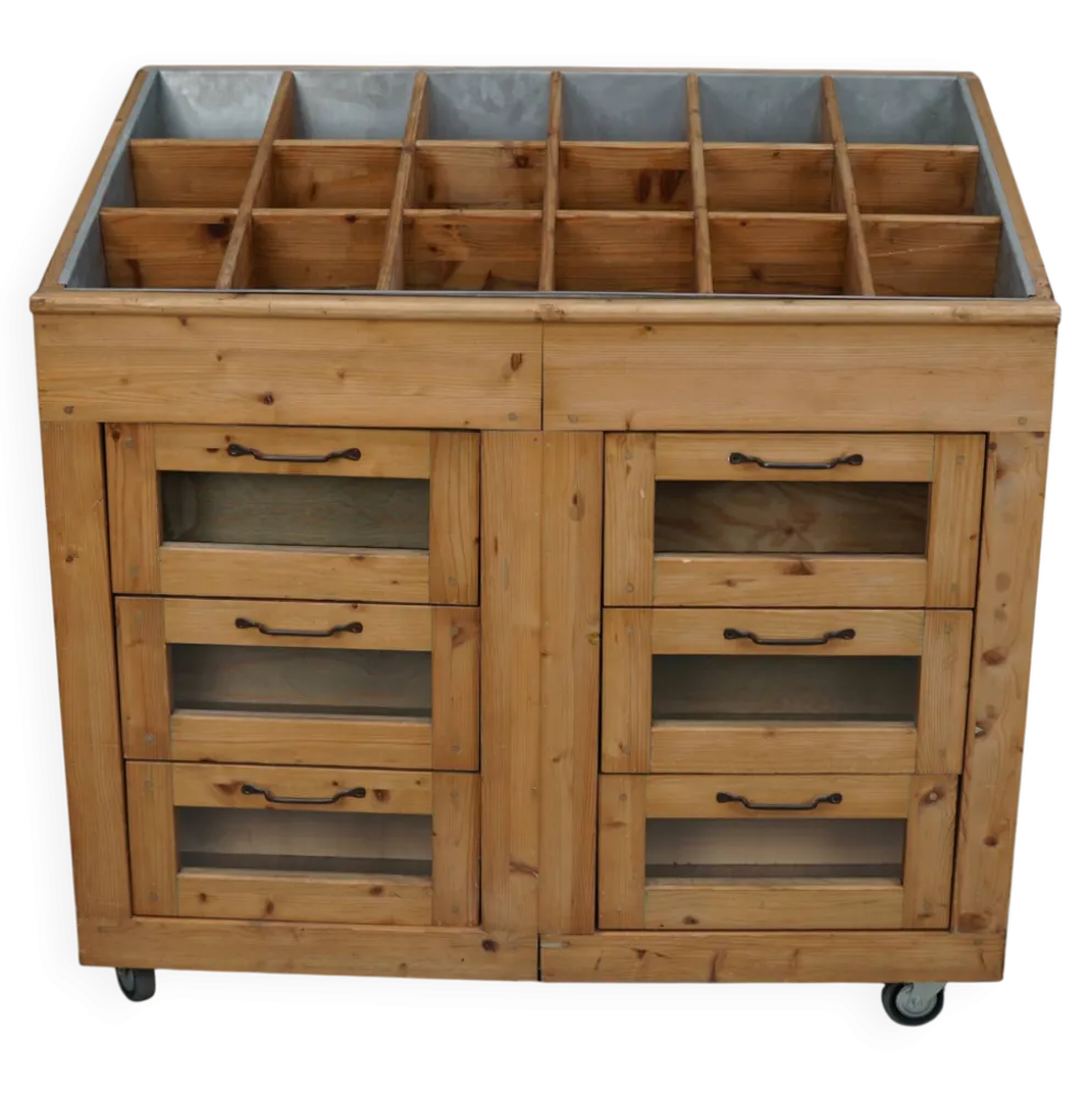 Meuble de mercerie hollandais vintage en pin et verre