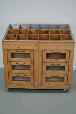 Meuble de mercerie hollandais vintage en pin et verre