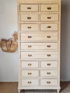 Meuble de métier, de mercerie - commode haute patinée