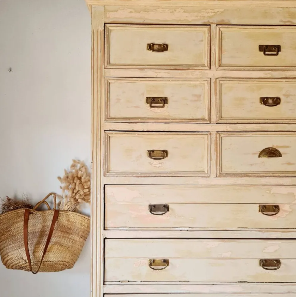 Meuble de métier, de mercerie - commode haute patinée