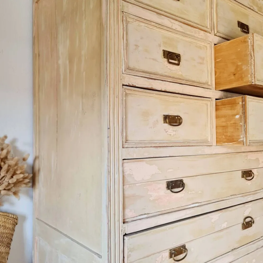 Meuble de métier, de mercerie - commode haute patinée