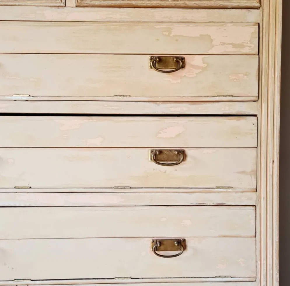 Meuble de métier, de mercerie - commode haute patinée