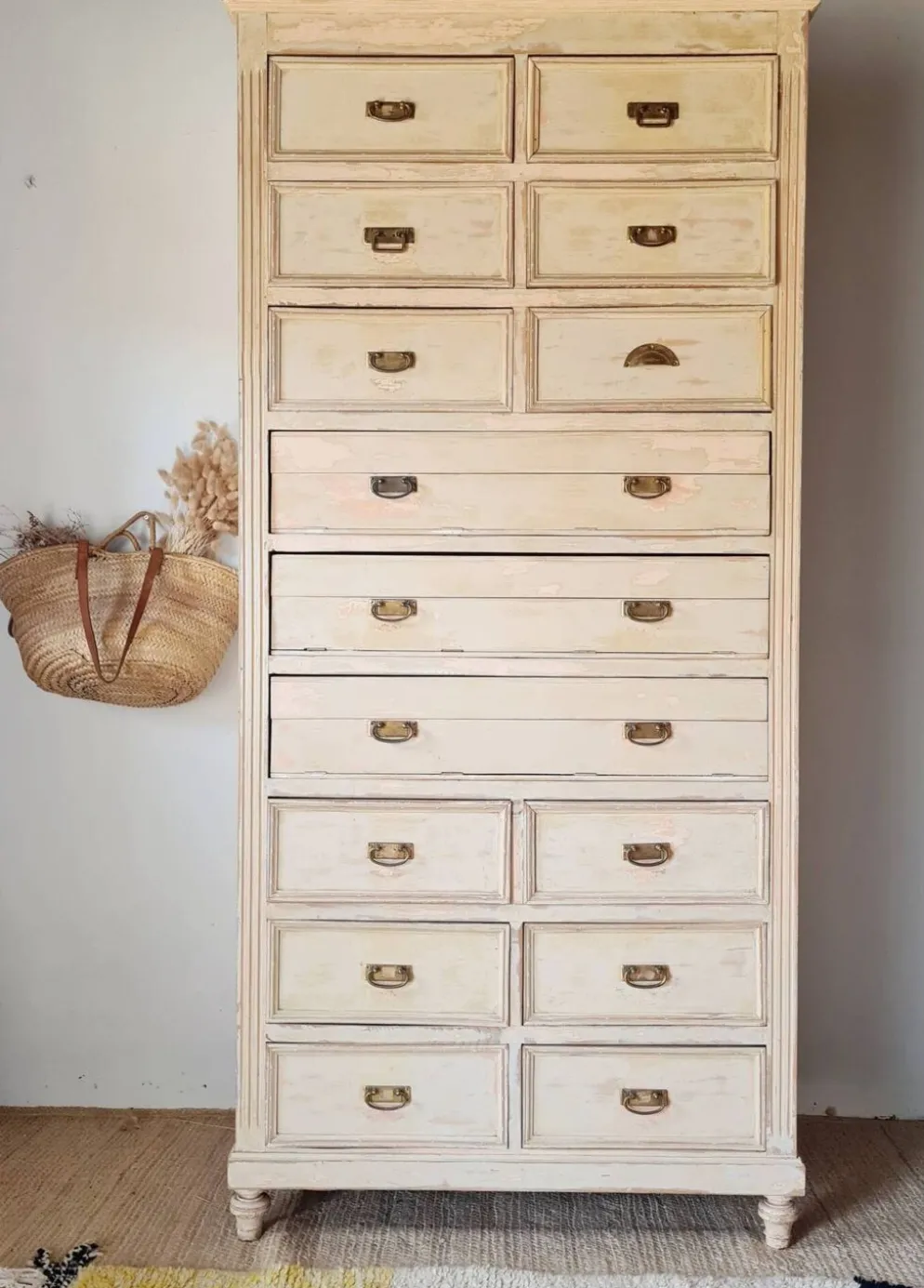 Meuble de métier, de mercerie - commode haute patinée