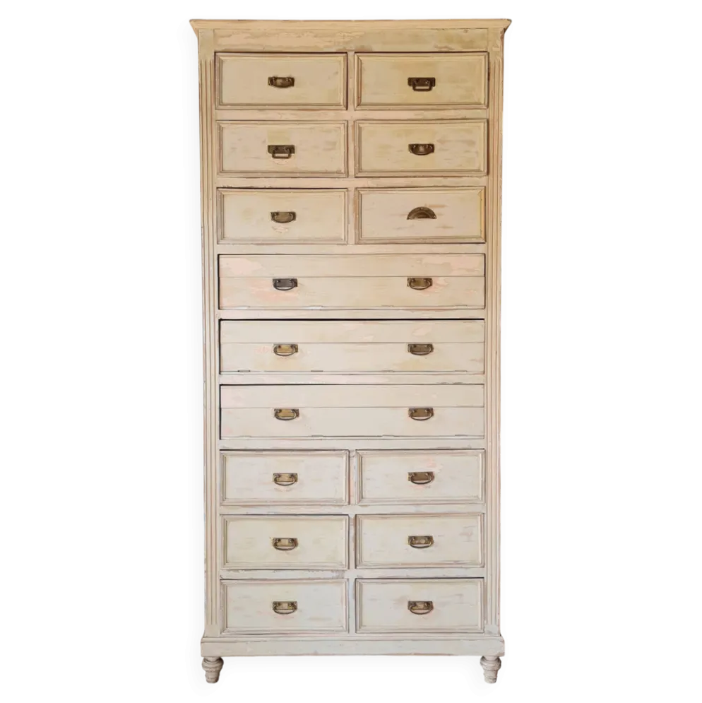 Meuble de métier, de mercerie - commode haute patinée