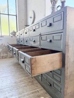 Meuble de métier patiné bleue à tiroirs XL chêne hêtre