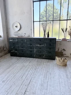 Meuble de métier patiné bleue à tiroirs XL chêne hêtre