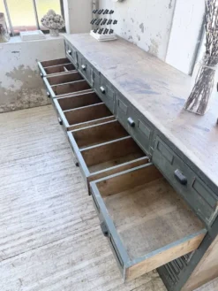 Meuble de métier patiné bleue à tiroirs XL chêne hêtre