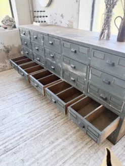 Meuble de métier patiné bleue à tiroirs XL chêne hêtre