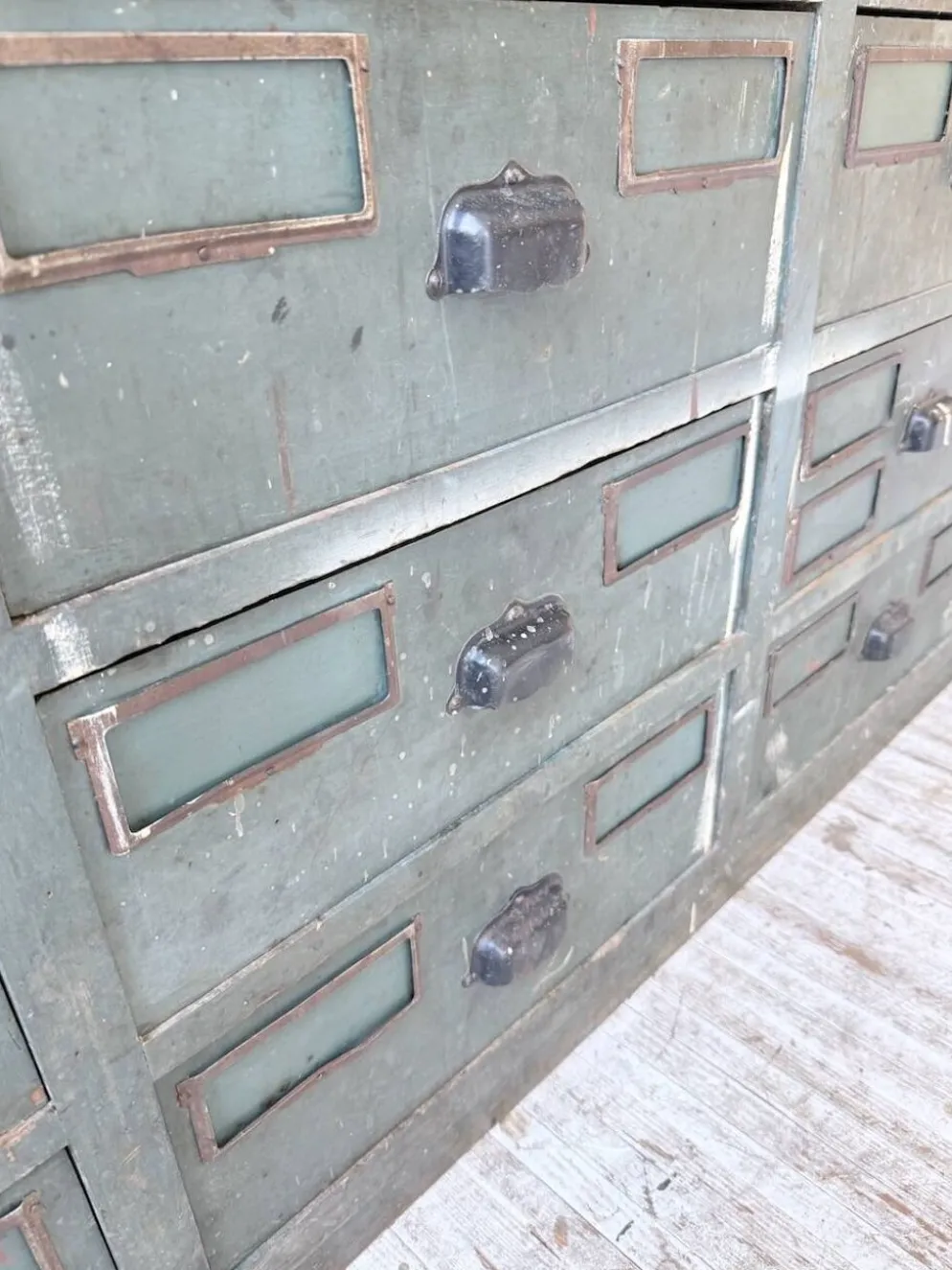 Meuble de métier patiné bleue à tiroirs XL chêne hêtre