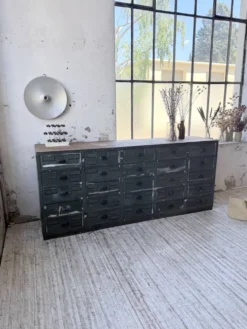 Meuble de métier patiné bleue à tiroirs XL chêne hêtre