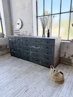 Meuble de métier patiné bleue à tiroirs XL chêne hêtre