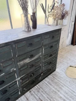 Meuble de métier patiné bleue à tiroirs XL chêne hêtre