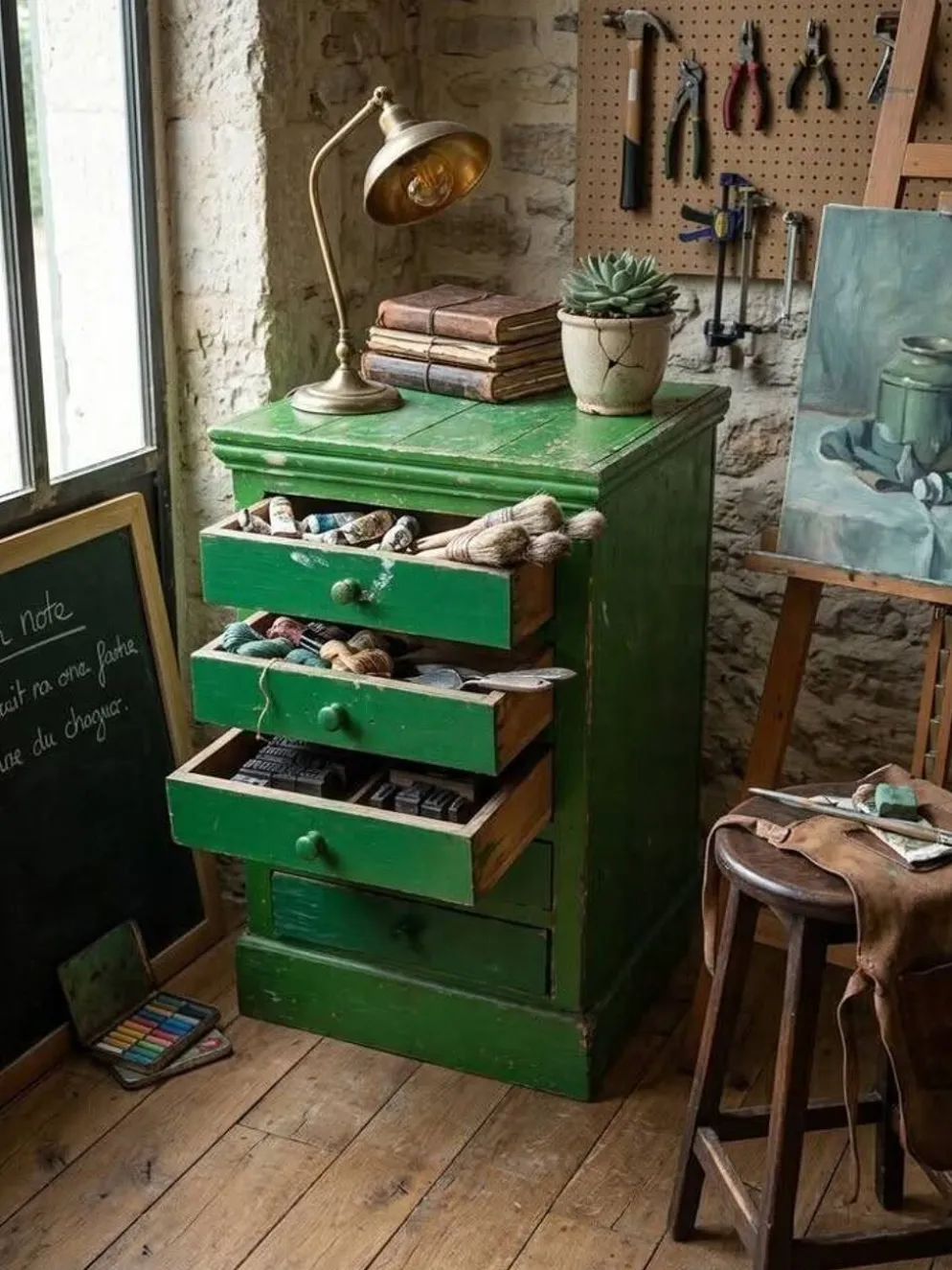 Meuble de métier vintage 6 tiroirs vert