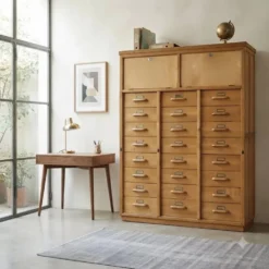 Meuble à dossiers vintage en bois, design Italie années 1950