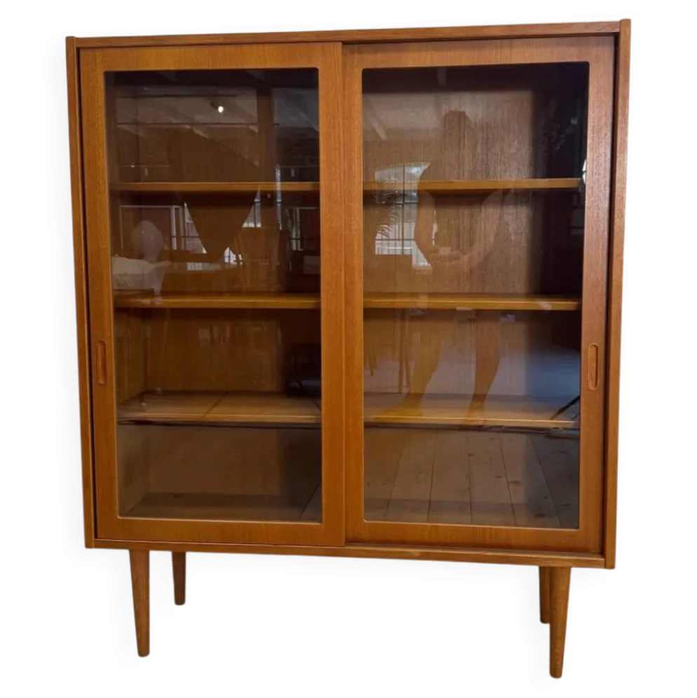 Meuble en teck avec portes coulissantes en verre, Danemark 1960