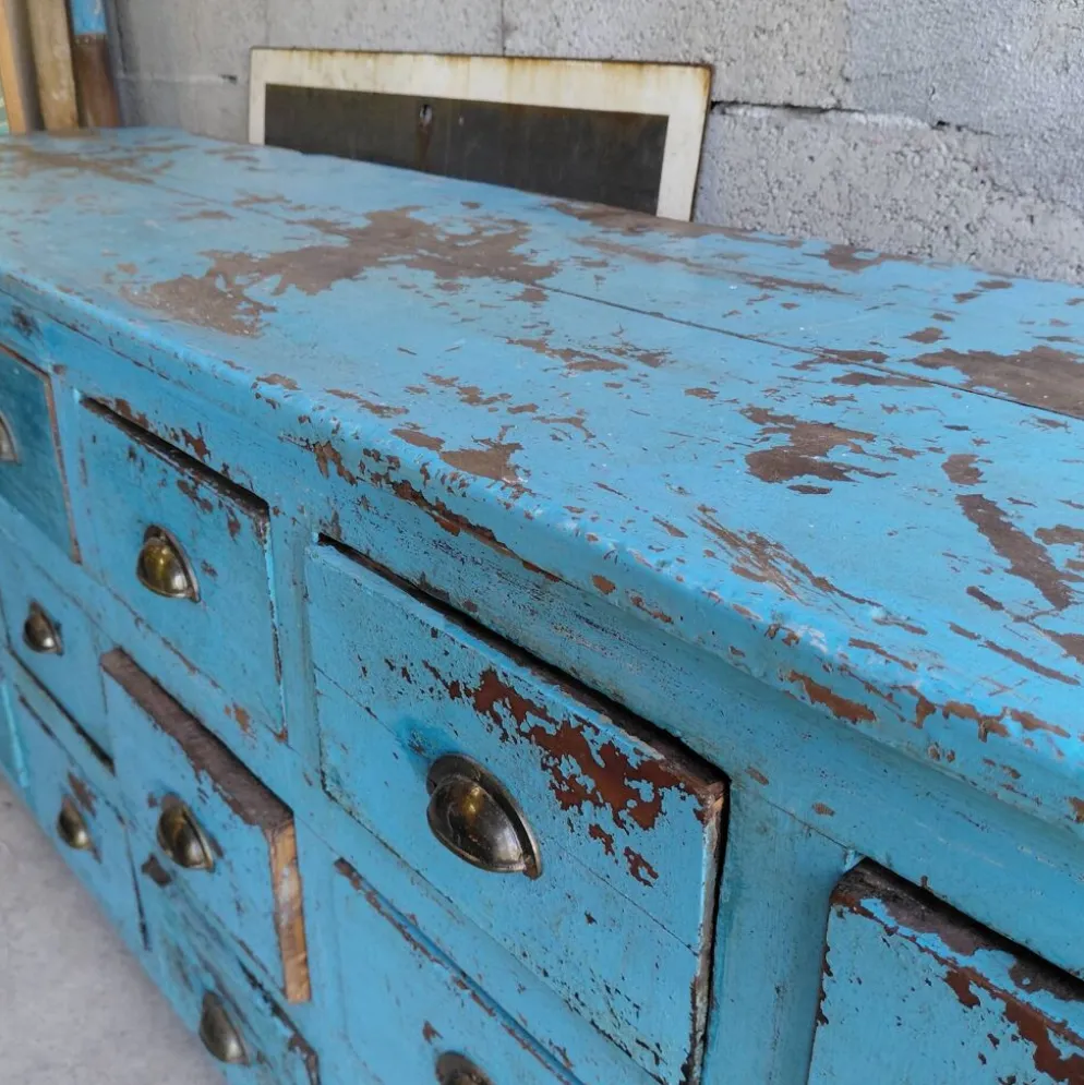 Meuble indien vintage en bois exotique, 21 tiroirs