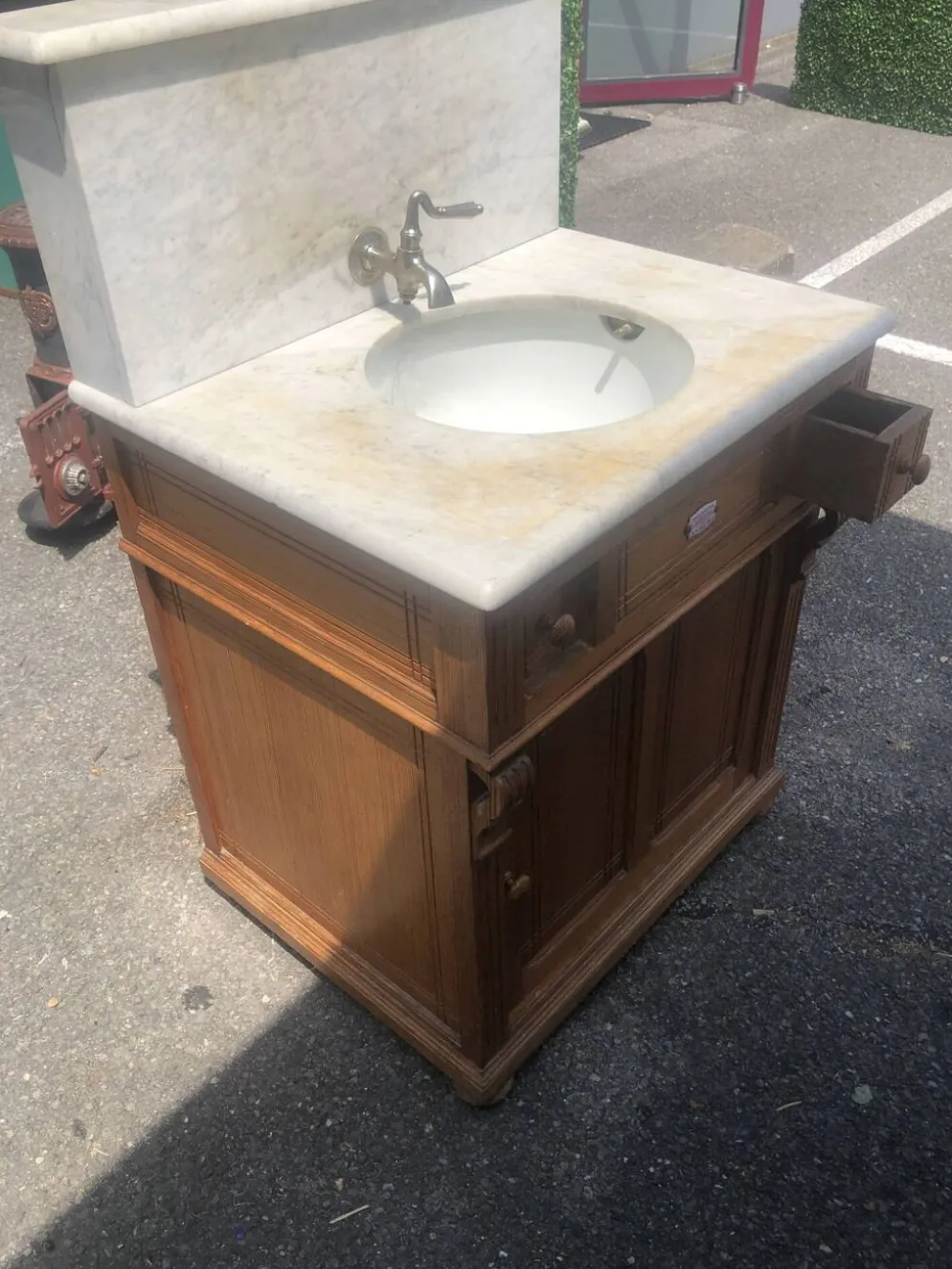 Meuble lavabo ancien Art Nouveau en bois et marbre C. Gervais Lyon