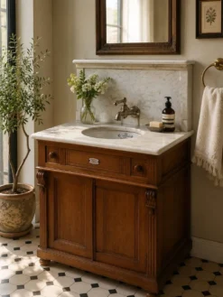 Meuble lavabo ancien Art Nouveau en bois et marbre C. Gervais Lyon