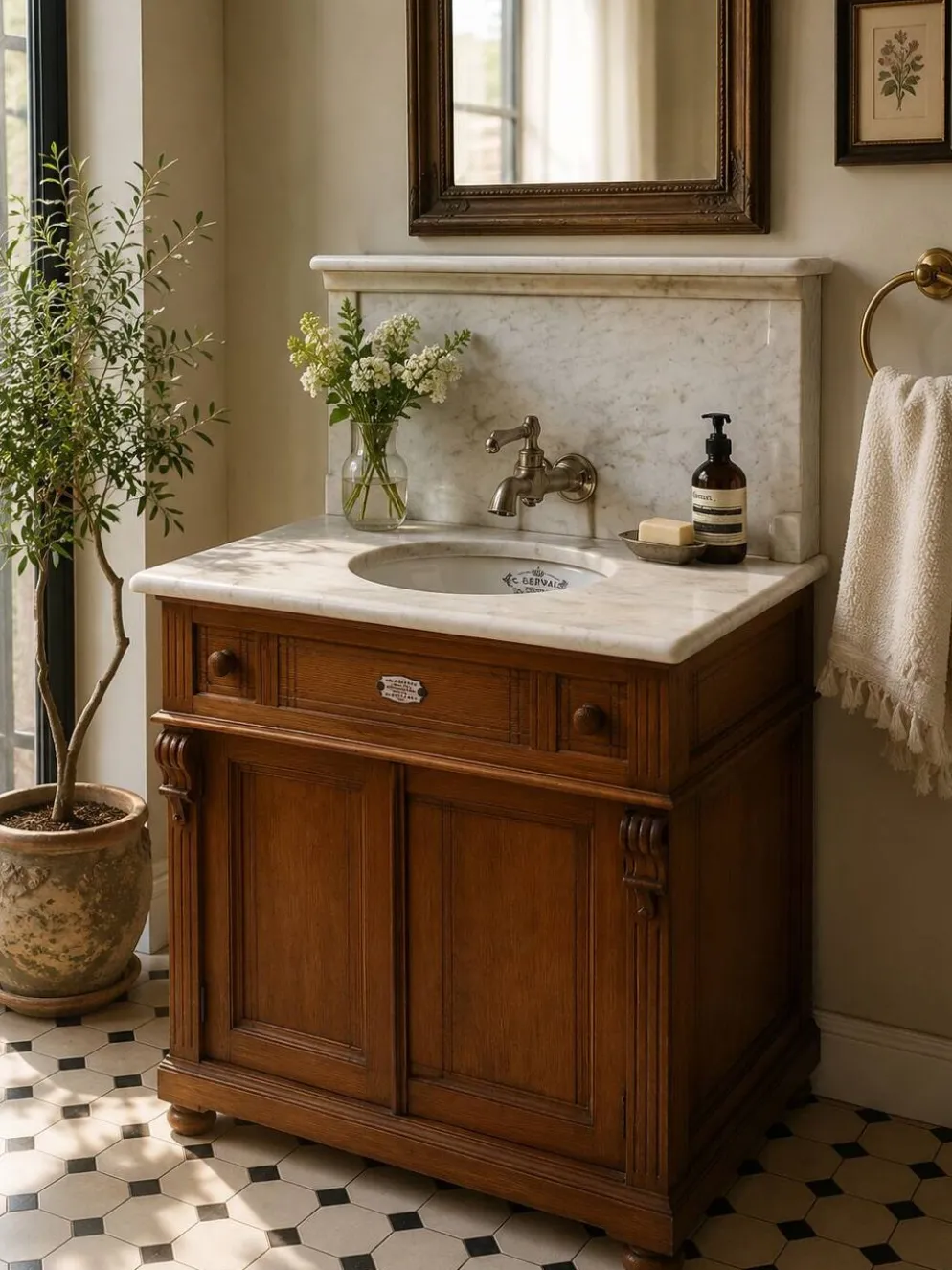 Meuble lavabo ancien Art Nouveau en bois et marbre C. Gervais Lyon
