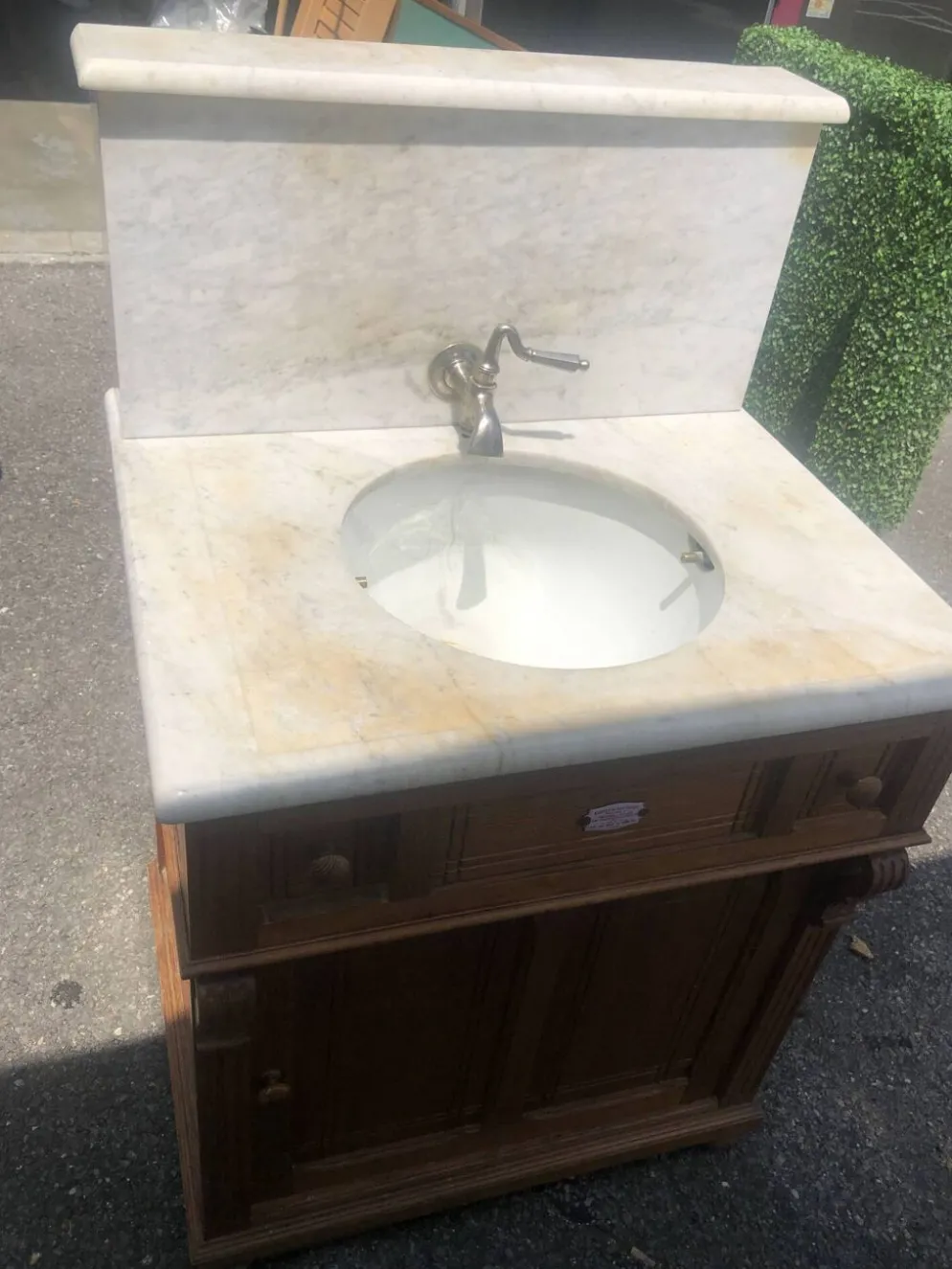 Meuble lavabo ancien Art Nouveau en bois et marbre C. Gervais Lyon