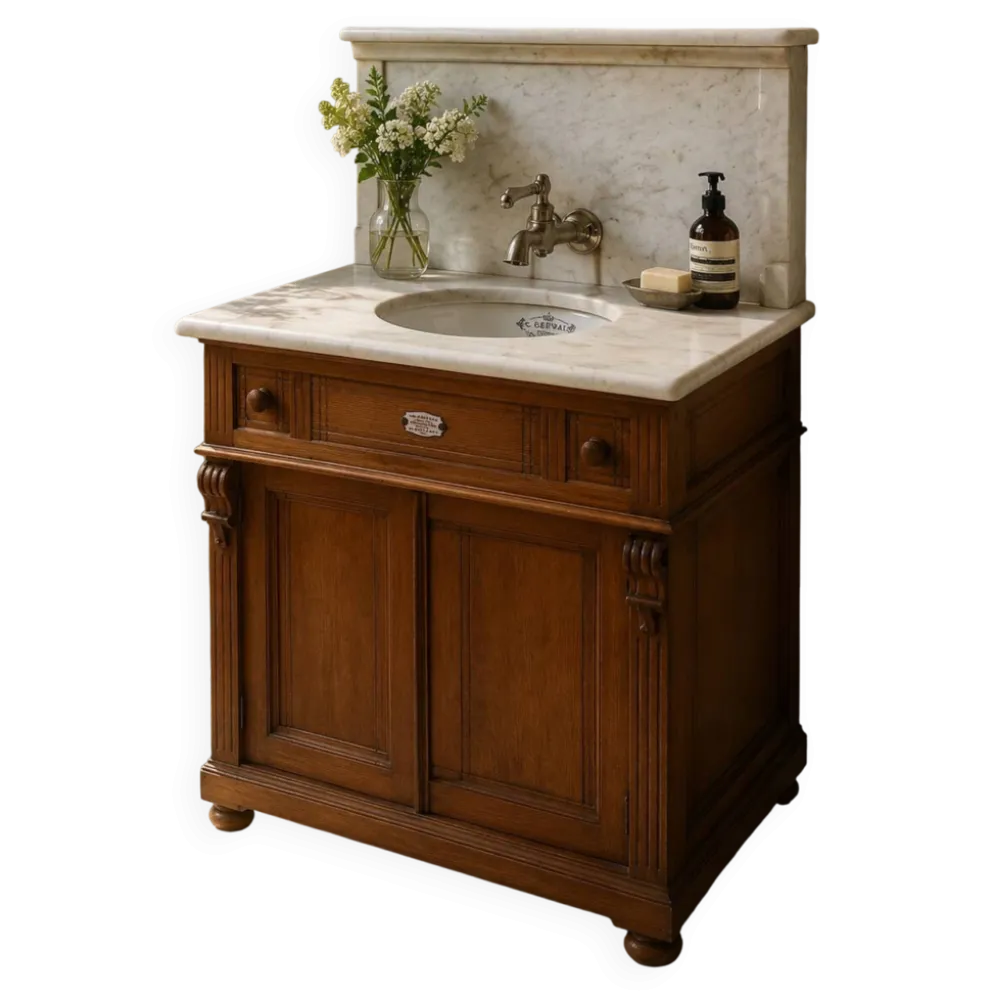 Meuble lavabo ancien Art Nouveau en bois et marbre C. Gervais Lyon