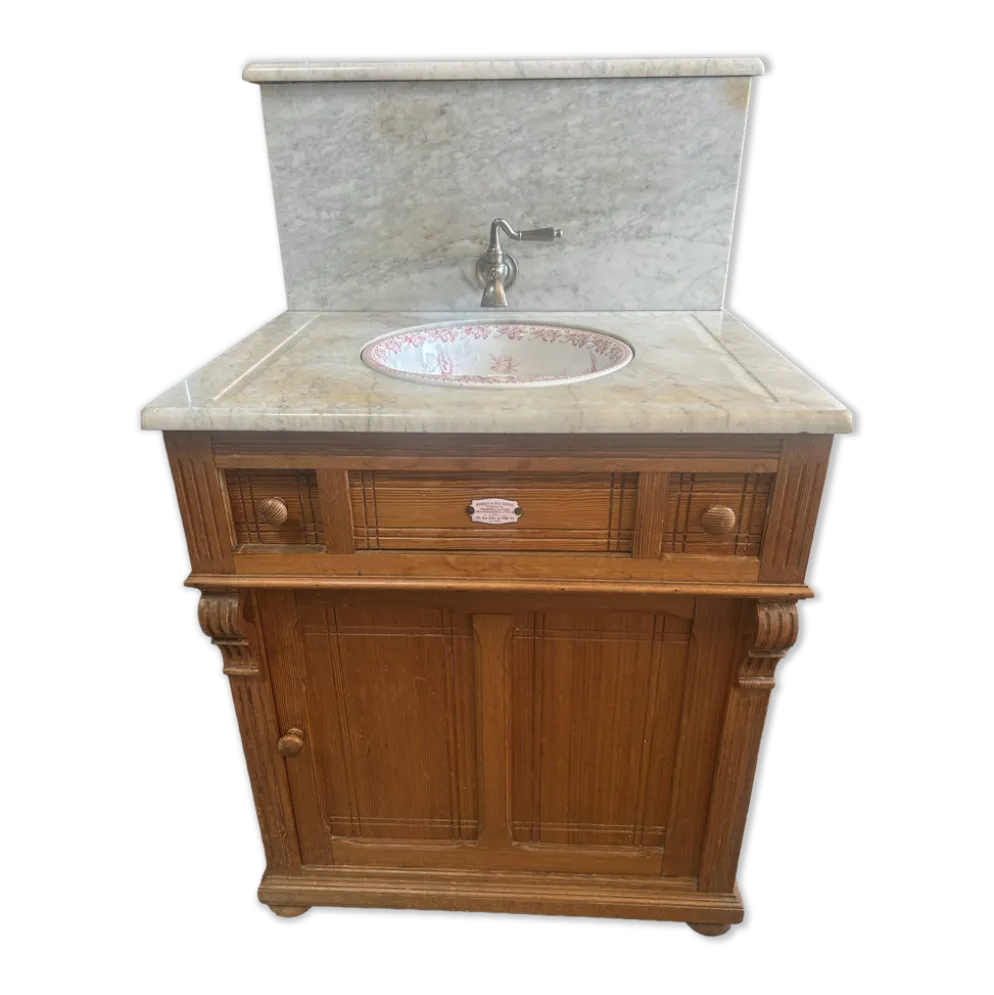 Meuble lavabo ancien Art Nouveau en bois et marbre C. Gervais Lyon