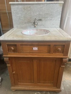 Meuble lavabo ancien Art Nouveau en bois et marbre C. Gervais Lyon