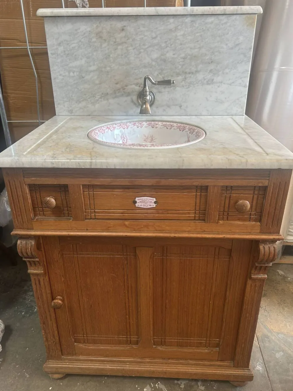 Meuble lavabo ancien Art Nouveau en bois et marbre C. Gervais Lyon