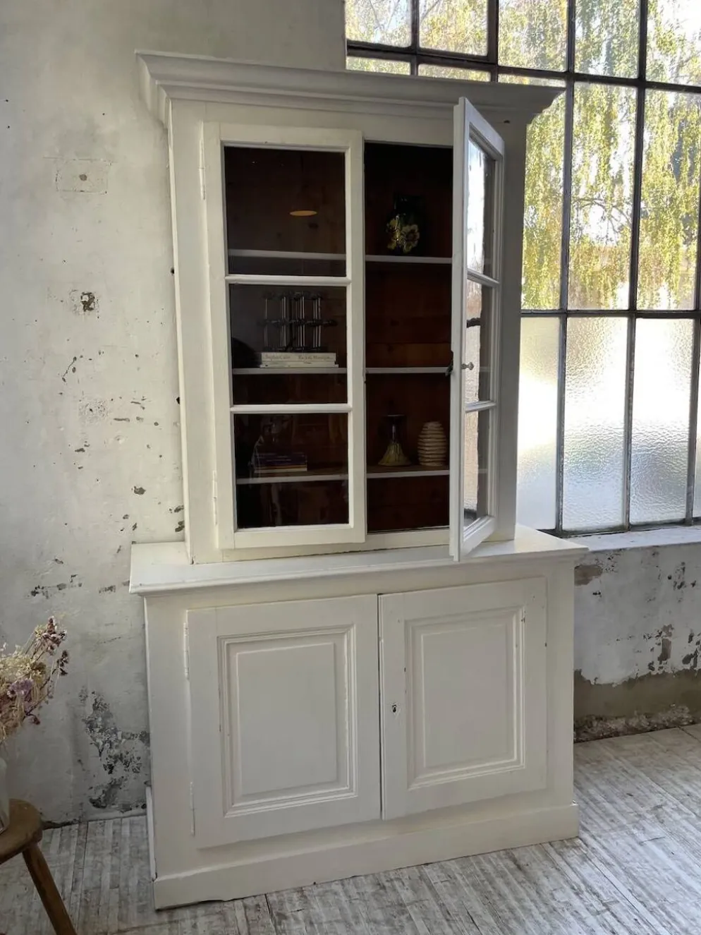 Meuble métier vitrine XL patine blanche