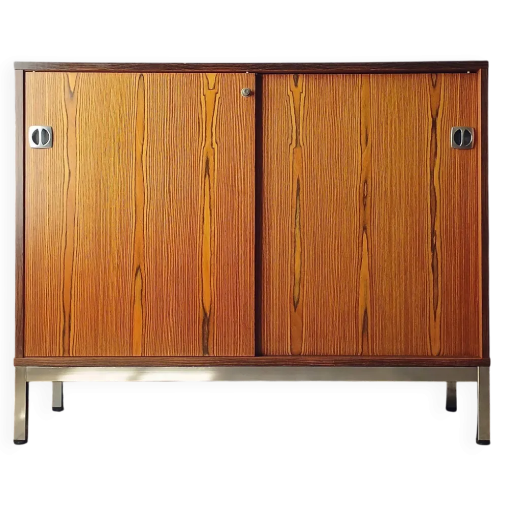 Meuble 2 portes coulissantes esprit F.Knoll, placage teck veiné.