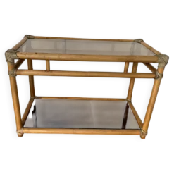 Meuble rangement télé en rotin et verre vintage 1950