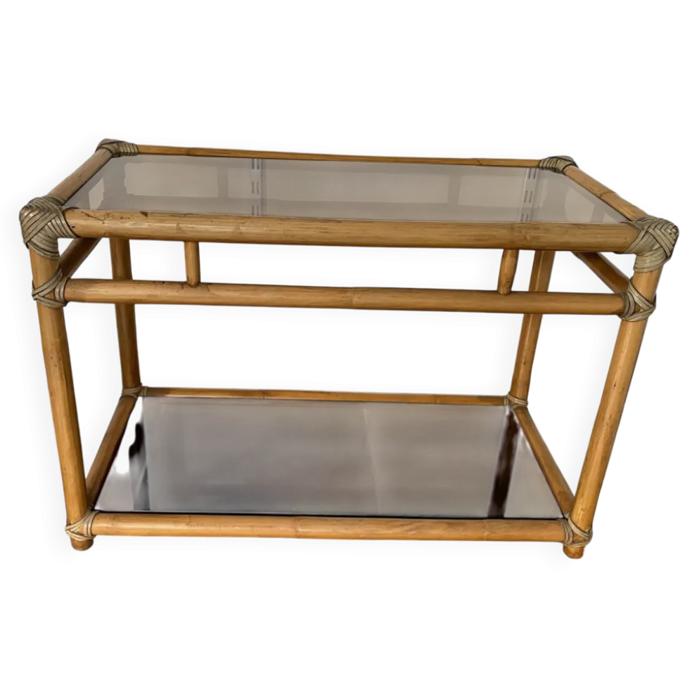 Meuble rangement télé en rotin et verre vintage 1950