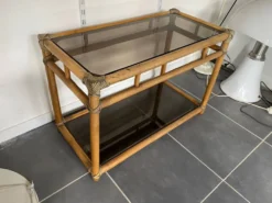 Meuble rangement télé en rotin et verre vintage 1950