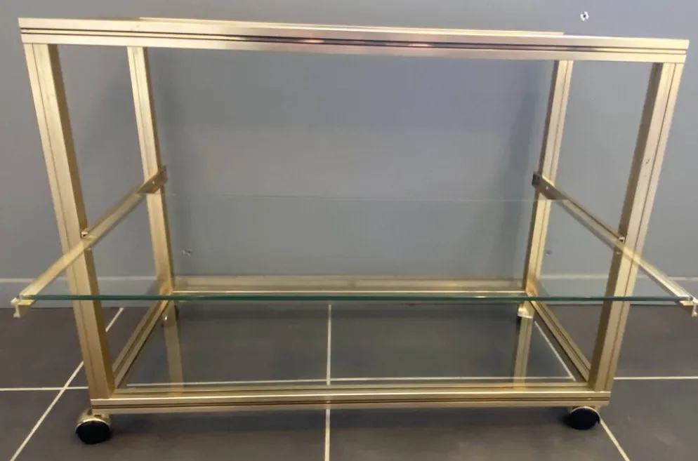 Meuble rangement télé hifi vidéo métal doré verre Pierre Vandel Paris 1970