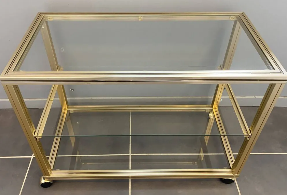 Meuble rangement télé hifi vidéo métal doré verre Pierre Vandel Paris 1970