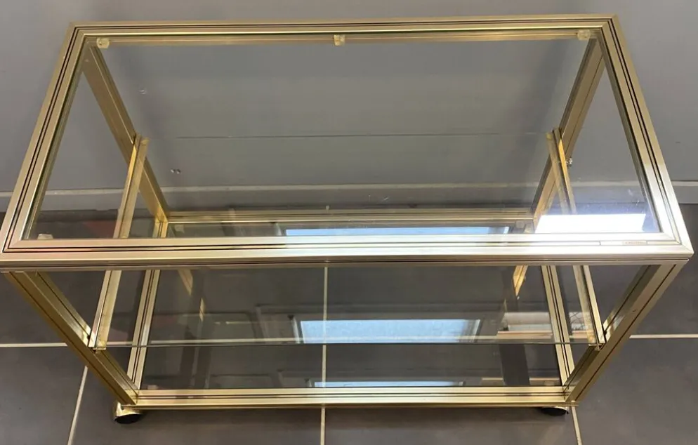 Meuble rangement télé hifi vidéo métal doré verre Pierre Vandel Paris 1970