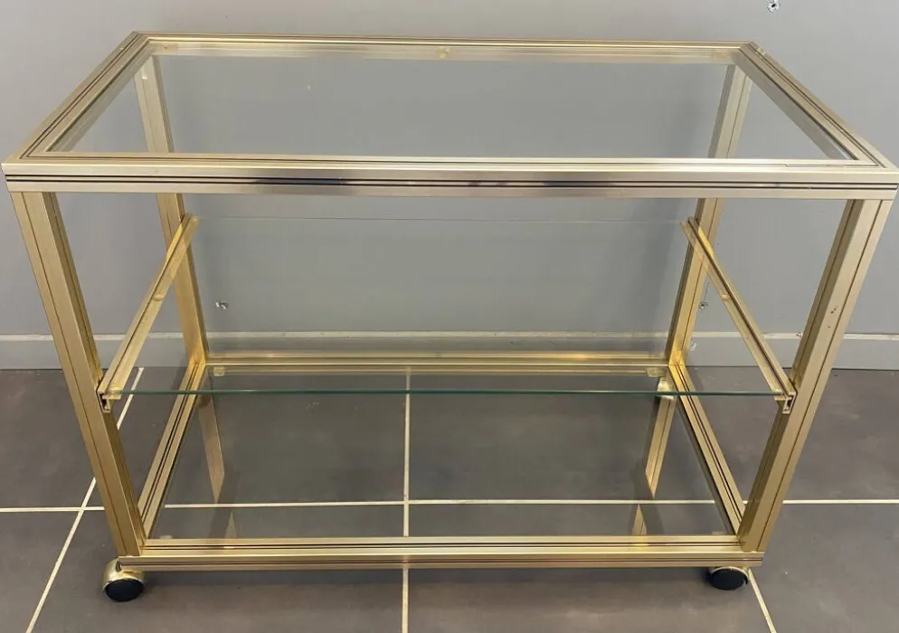 Meuble rangement télé hifi vidéo métal doré verre Pierre Vandel Paris 1970