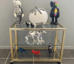 Meuble rangement télé hifi vidéo métal doré verre Pierre Vandel Paris 1970