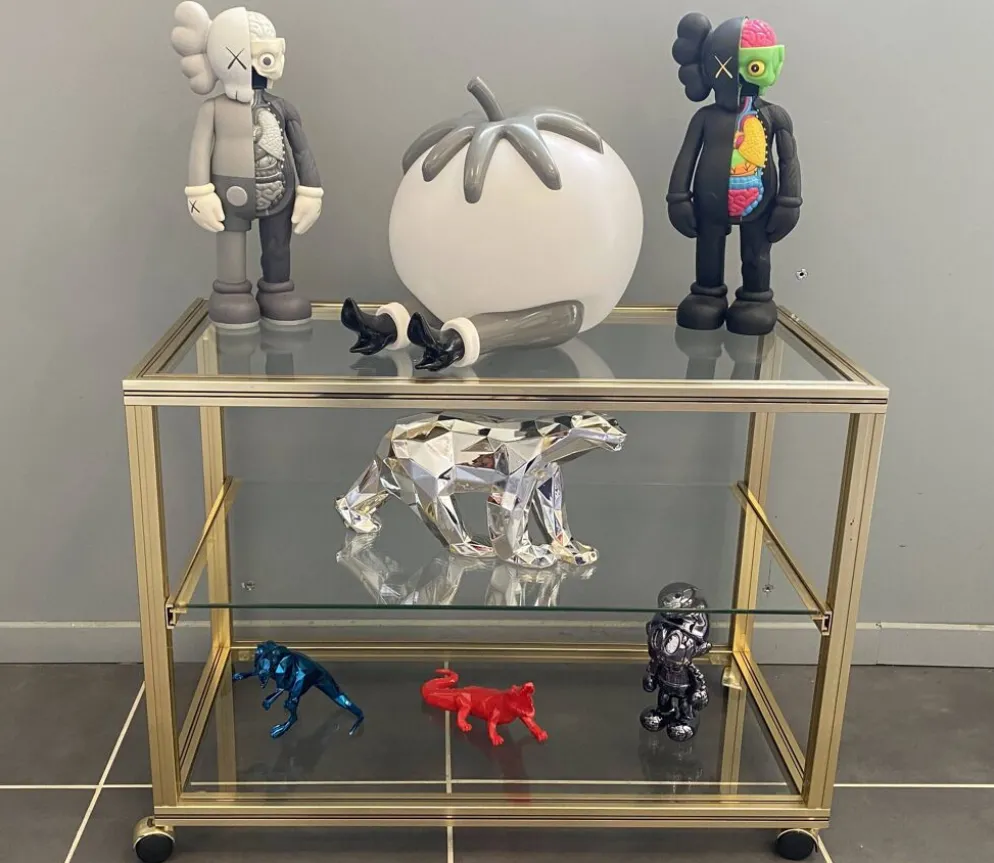 Meuble rangement télé hifi vidéo métal doré verre Pierre Vandel Paris 1970