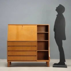 Meuble secrétaire vintage avec abattant et tiroirs en érable, design années 1960