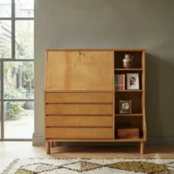 Meuble secrétaire vintage avec abattant et tiroirs en érable, design années 1960