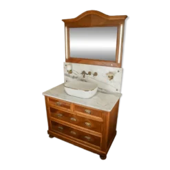 Meuble sous vasque ancien de 1928 en bois et marbre avec miroir éclairant